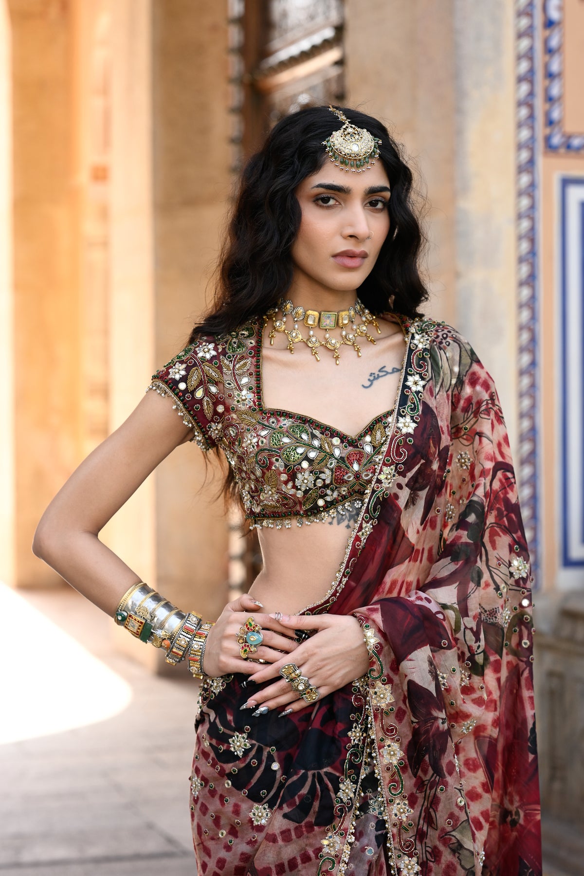 PRISTICHED ORGANZA SAREE WITH HIGHLIGHTED OPEN PALLA+ EMB BLOUSE
