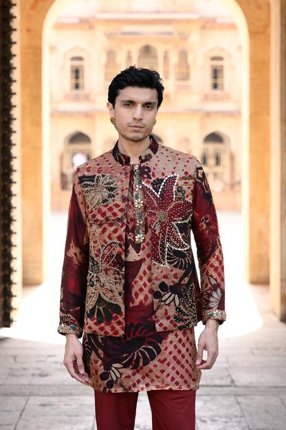 MARRON HIGHLIGHTED BUNDI WITH ORGANZA PRINTED KURTA PURTIN & CUFF EMB WITH MAROON FLAIR PANT