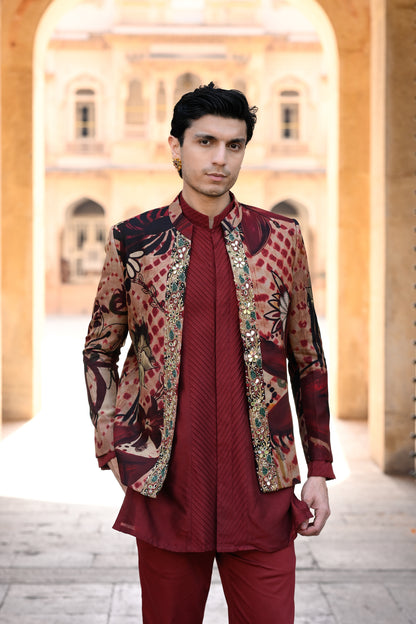 ORGANZA ACHKAN WITH BORDER AND PLAIN PINTUCK KURTA WITH MAROON FLAIR PANT