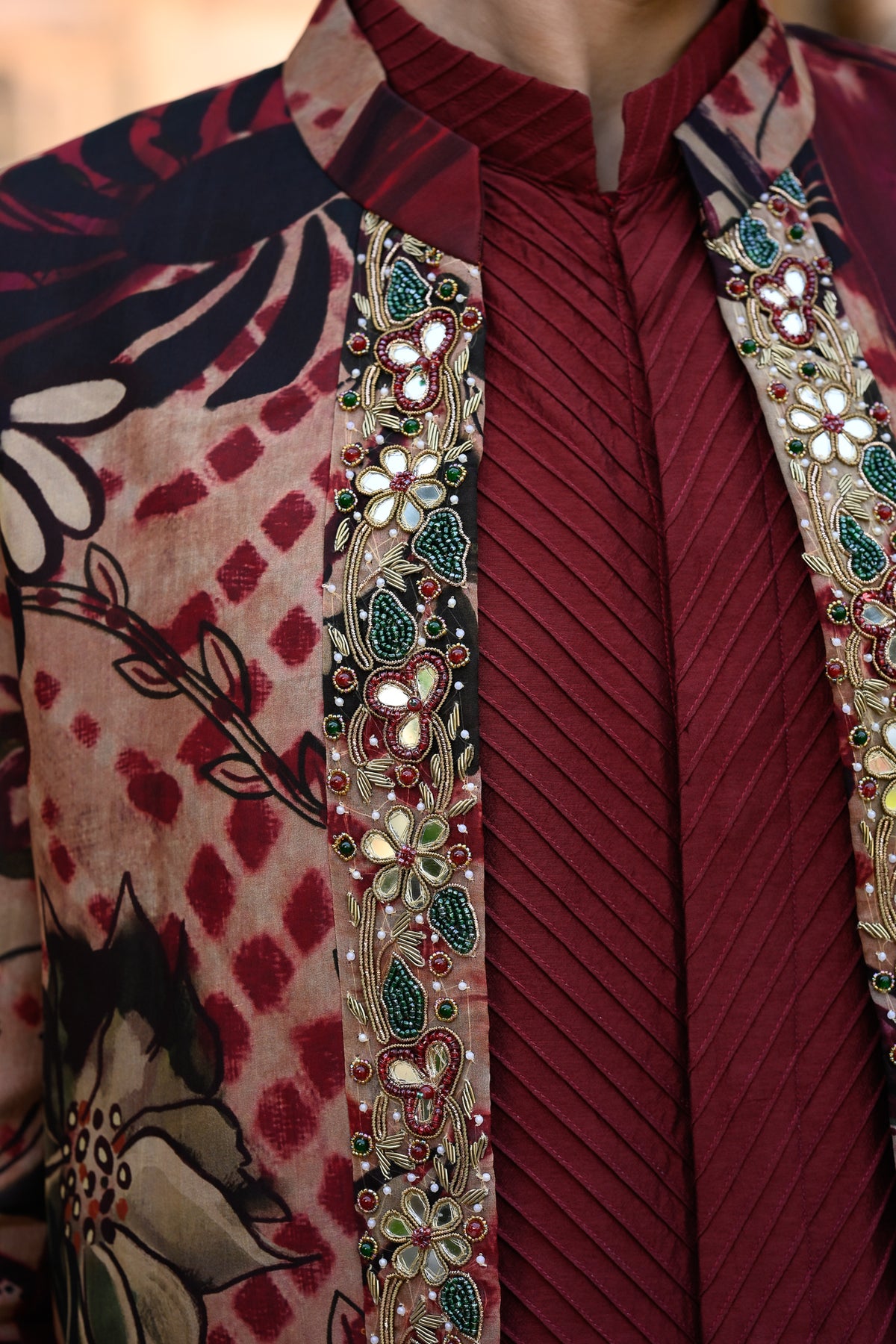 ORGANZA ACHKAN WITH BORDER AND PLAIN PINTUCK KURTA WITH MAROON FLAIR PANT
