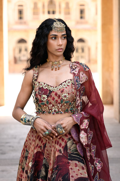 ORGNAZA LEHENGA HIGHLIGHTED WITH EMB BLOUSE & APLIQUE DUPATTA