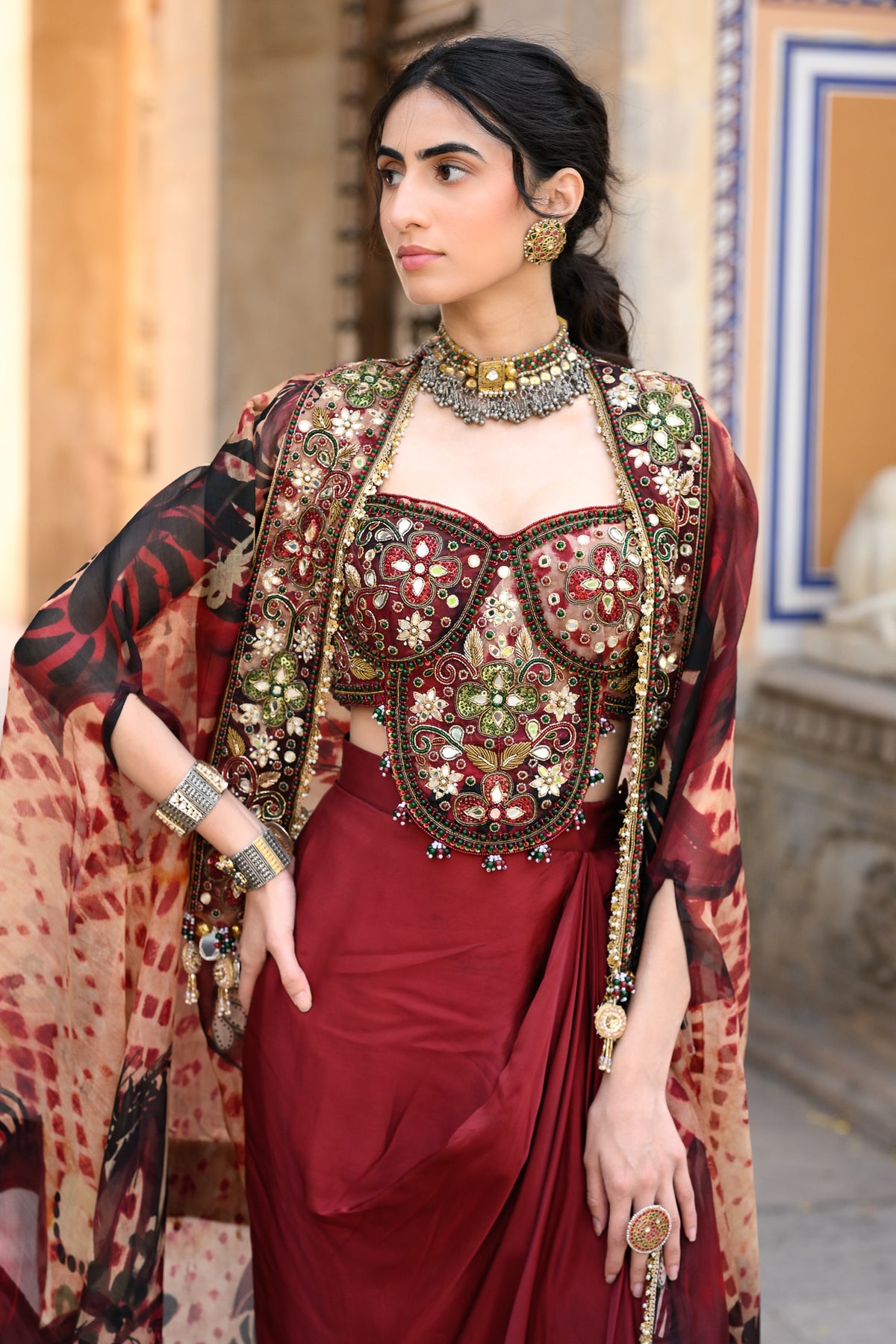MAROON DHOTI SKIRT + BRALATTE EMB + CAPE