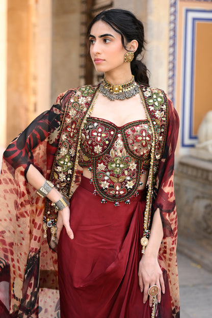 MAROON DHOTI SKIRT + BRALATTE EMB + CAPE