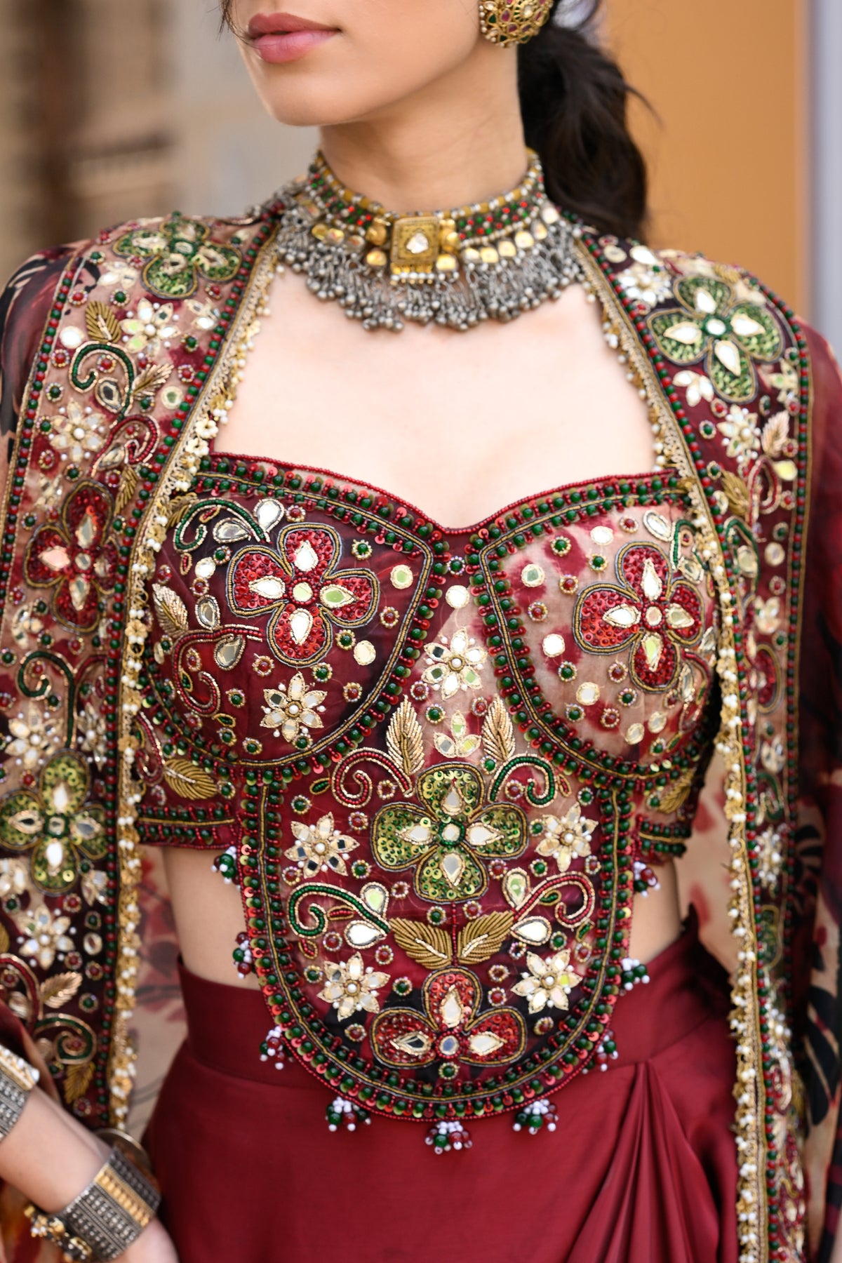 MAROON DHOTI SKIRT + BRALATTE EMB + CAPE
