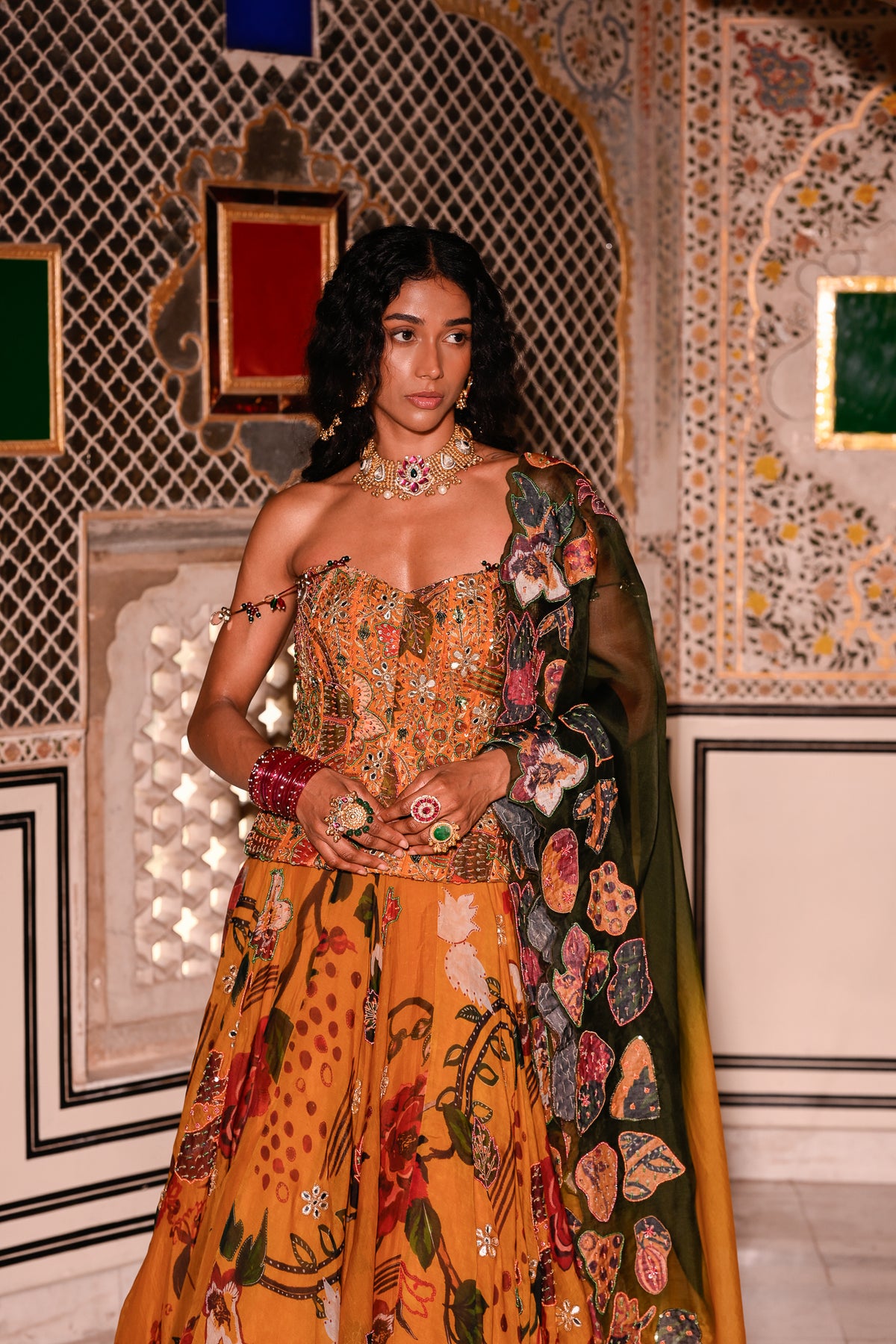 EMB CORSET WITH HIGHLIGHTED LEHENGA WITH APPLIQUE DUPATTA