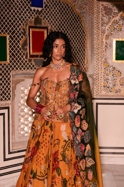 EMB CORSET WITH HIGHLIGHTED LEHENGA WITH APPLIQUE DUPATTA