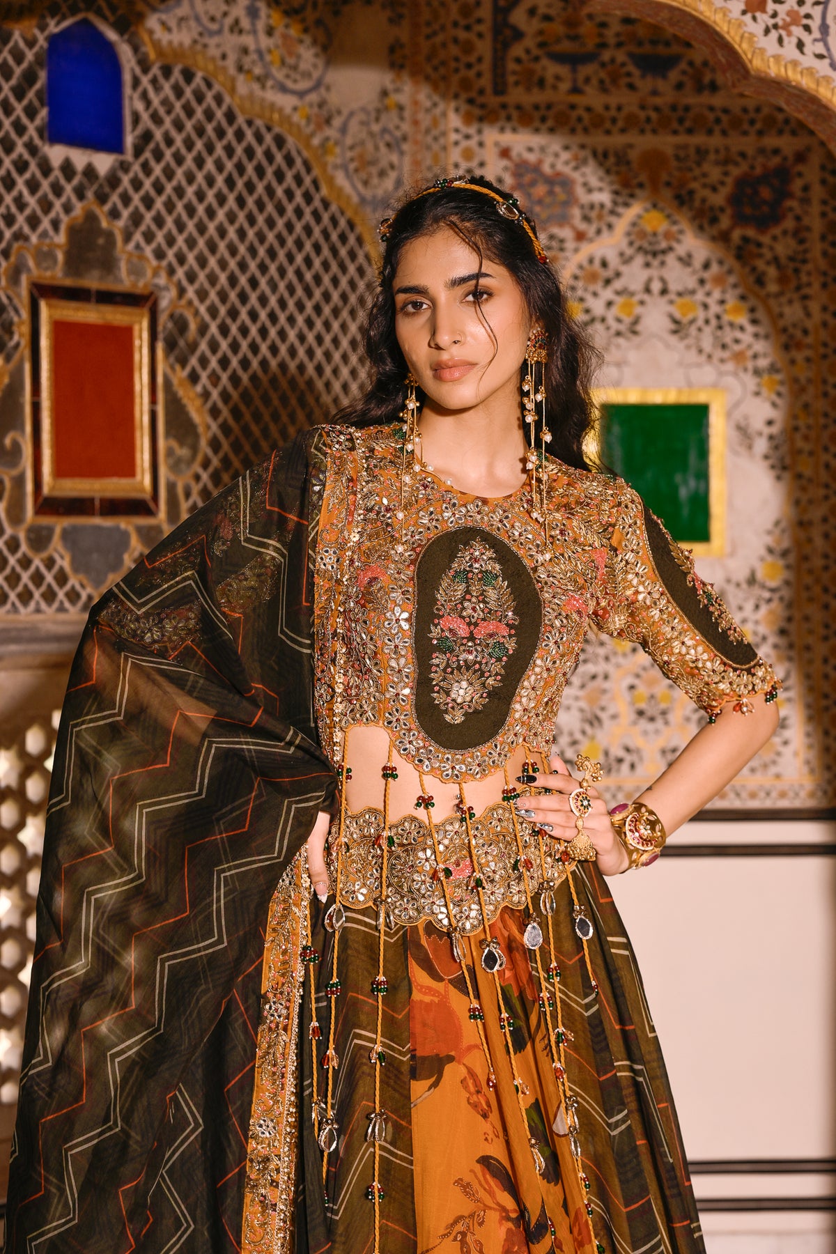 EMB TASSLE BLOUSE WITH DUEL PRINT LEHENGA WITH DUPATTA WITH EMB BORDER