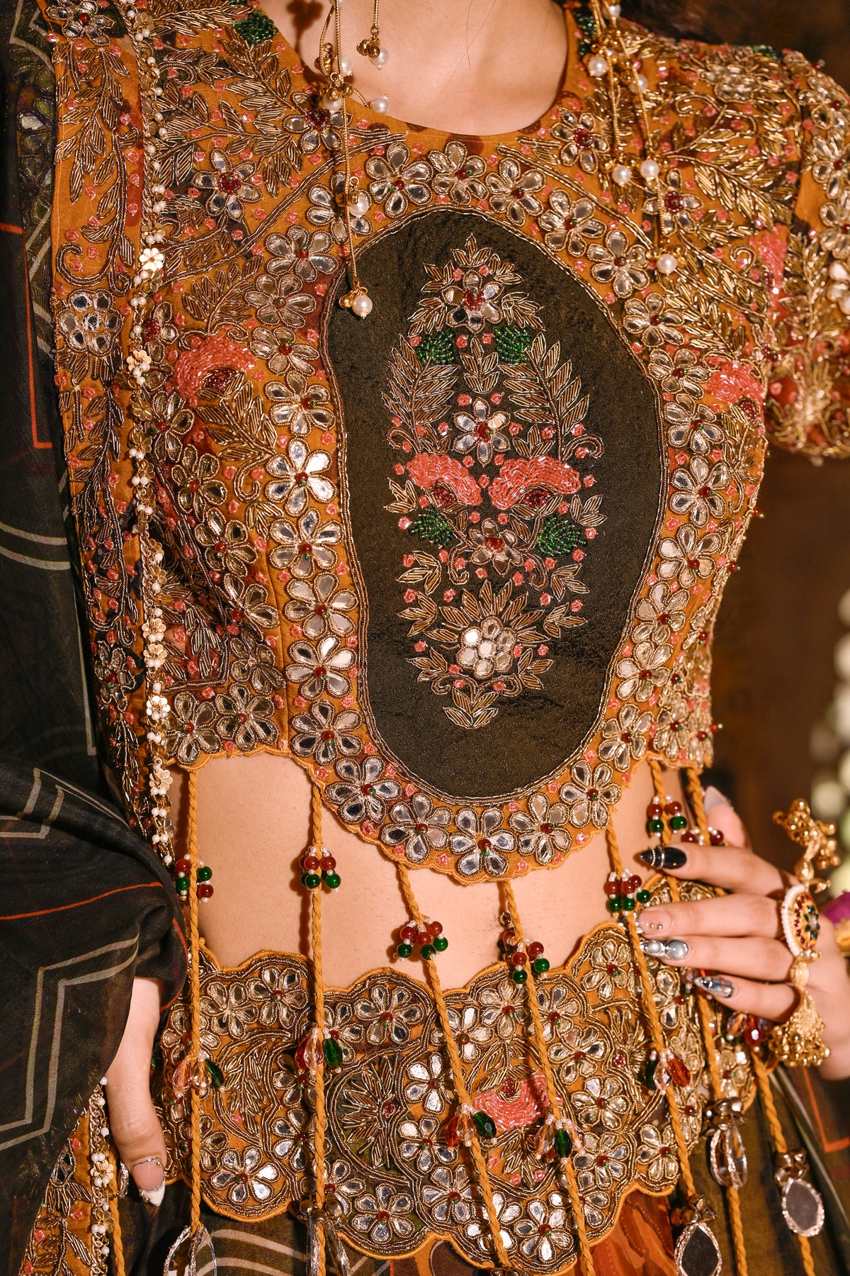 EMB TASSLE BLOUSE WITH DUEL PRINT LEHENGA WITH DUPATTA WITH EMB BORDER