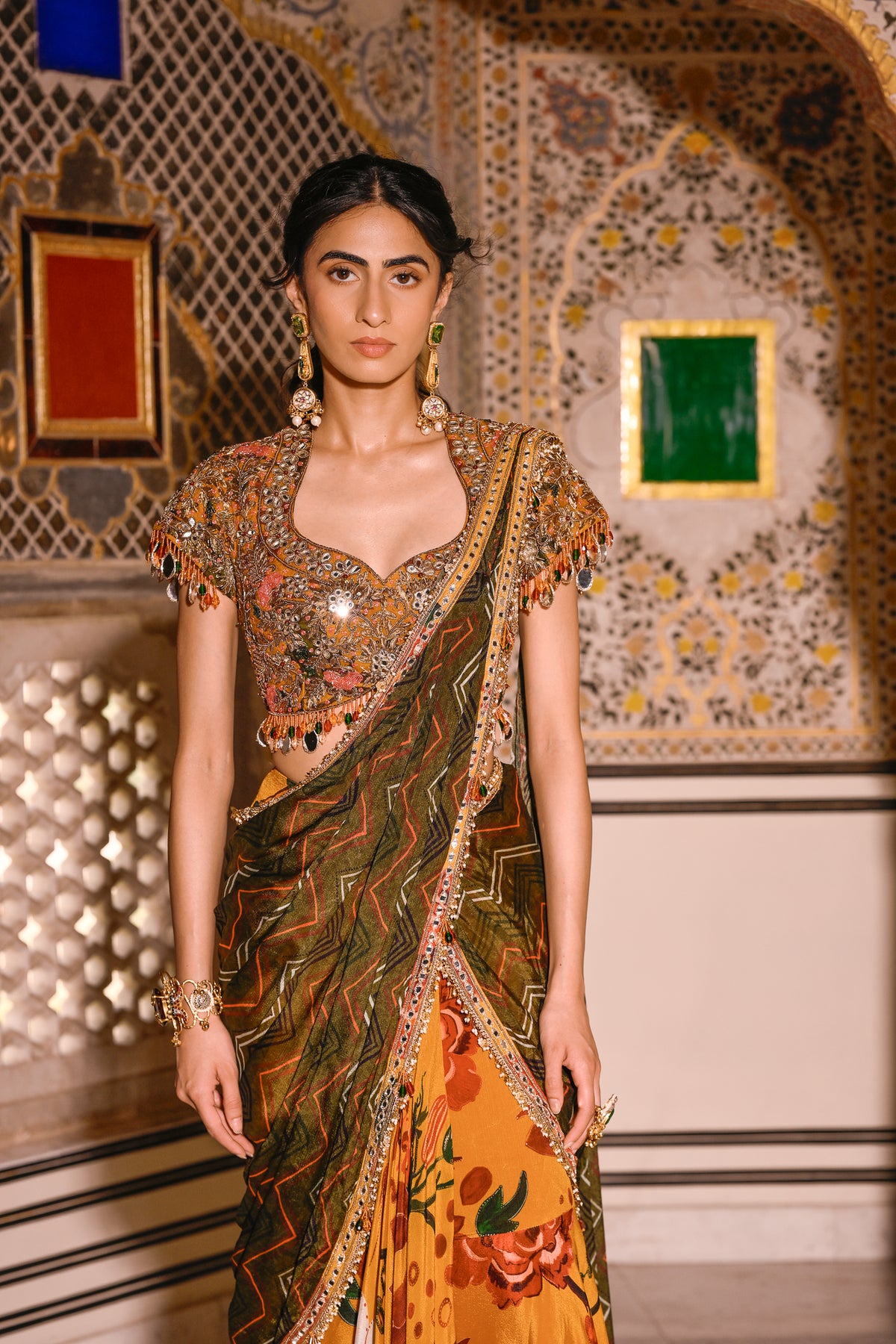 EMB BLOUSE PAIRED WITH DUEL PRINTED PRISTICHED SAREE