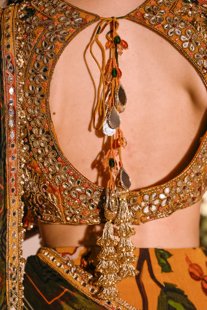 EMB BLOUSE PAIRED WITH DUEL PRINTED PRISTICHED SAREE