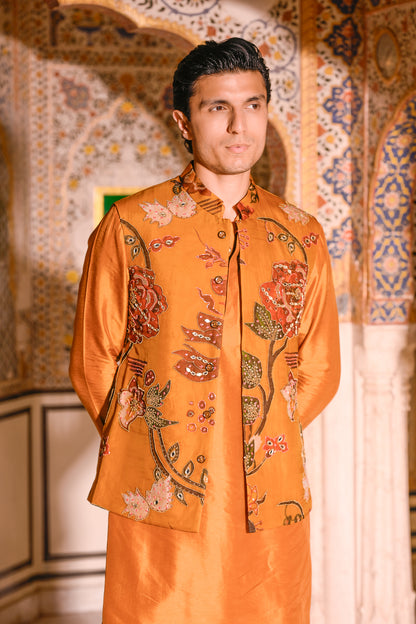 YELLOW HIGHLIGHTED BUNDI WITH YELLOW KURTA & BEIGE FLAIR PANT