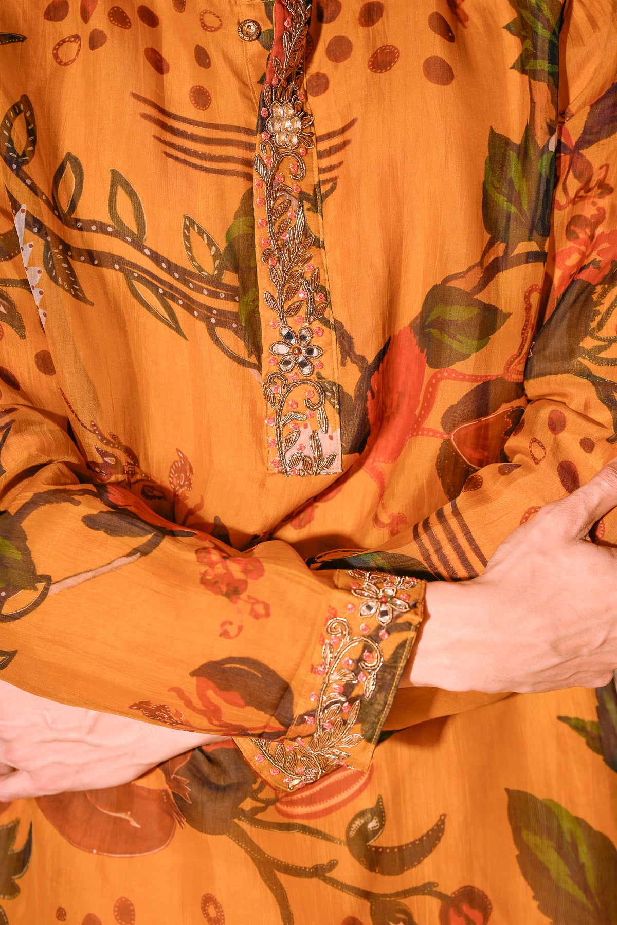 PRINTED ORGANZA KURTA WITH PURTIN & PURTIN WORK & BEIGE FLAIR PANT
