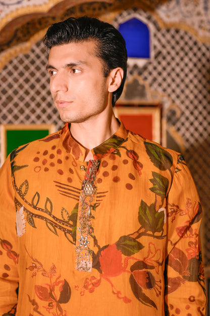 PRINTED ORGANZA KURTA WITH PURTIN & PURTIN WORK & BEIGE FLAIR PANT
