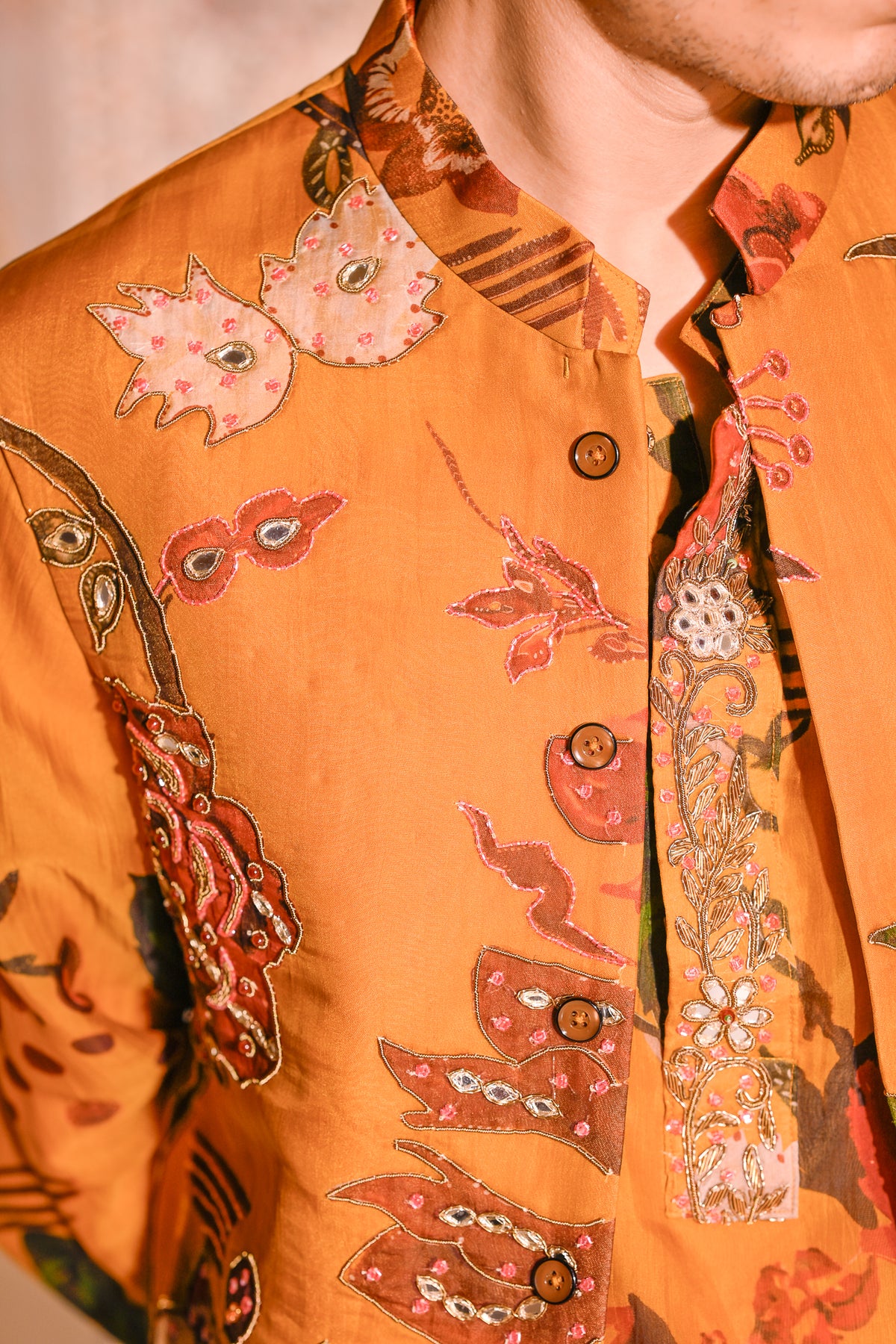 YELLOW HIGHLIGHTED BUNDI WITH ORGANZA PRINTED KURTA PURTIN & CUFF EMB WITH BEIGE FLAIR PANT