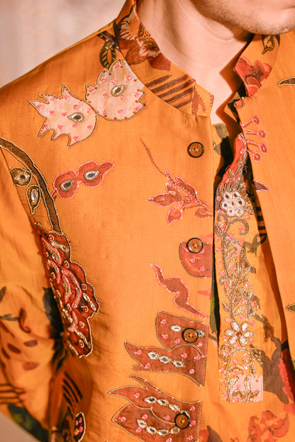 YELLOW HIGHLIGHTED BUNDI WITH ORGANZA PRINTED KURTA PURTIN & CUFF EMB WITH BEIGE FLAIR PANT