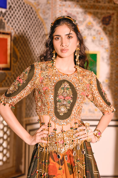 EMB TASSLE BLOUSE WITH DUEL PRINT LEHENGA