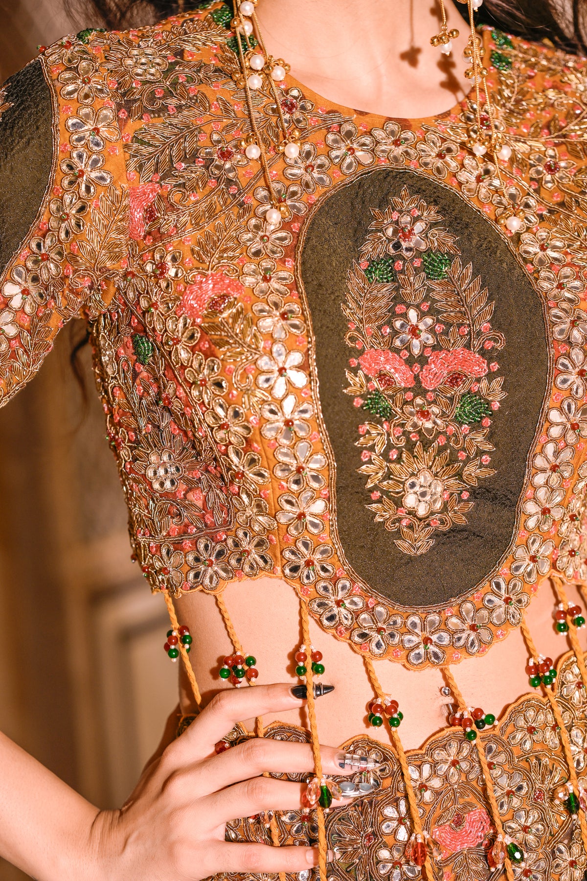 EMB TASSLE BLOUSE WITH DUEL PRINT LEHENGA