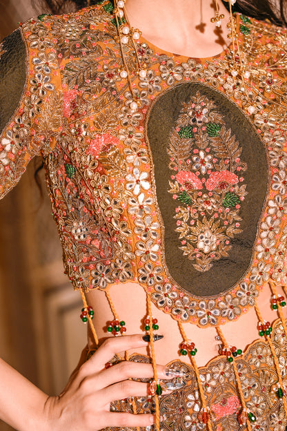 EMB TASSLE BLOUSE WITH DUEL PRINT LEHENGA