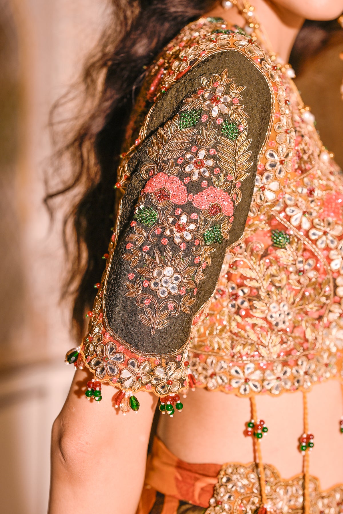 EMB TASSLE BLOUSE WITH DUEL PRINT LEHENGA