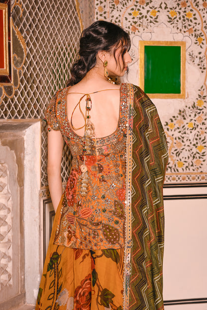 EMB KURTA PAIRED WITH PRINTED LEHENGA & DUPATTA