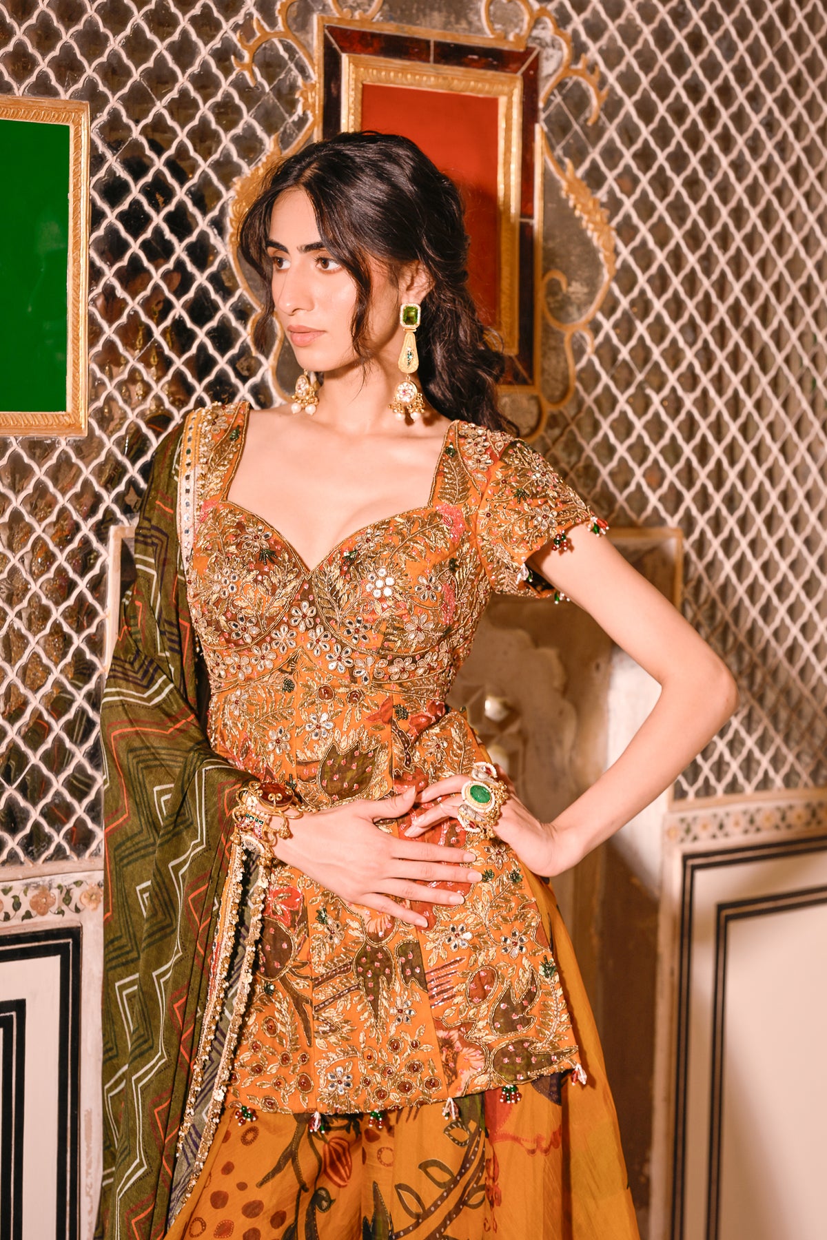 EMB KURTA PAIRED WITH PRINTED LEHENGA & DUPATTA