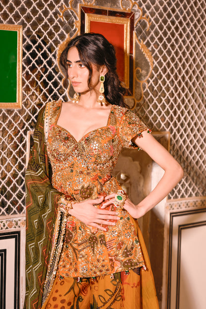 EMB KURTA PAIRED WITH PRINTED LEHENGA & DUPATTA