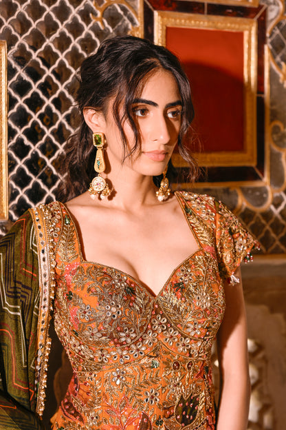EMB KURTA PAIRED WITH PRINTED LEHENGA & DUPATTA