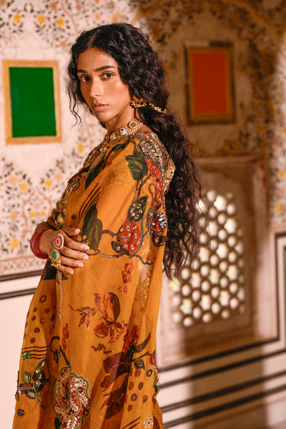 EMB BLOUSE WITH HIGHLIGHTED OPEN PALLA PRE DRAPE SAREE