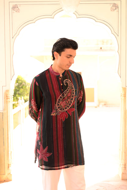 PRINTED ORGANZA KURTA WITH BEIGE STRAIGHT PANT
