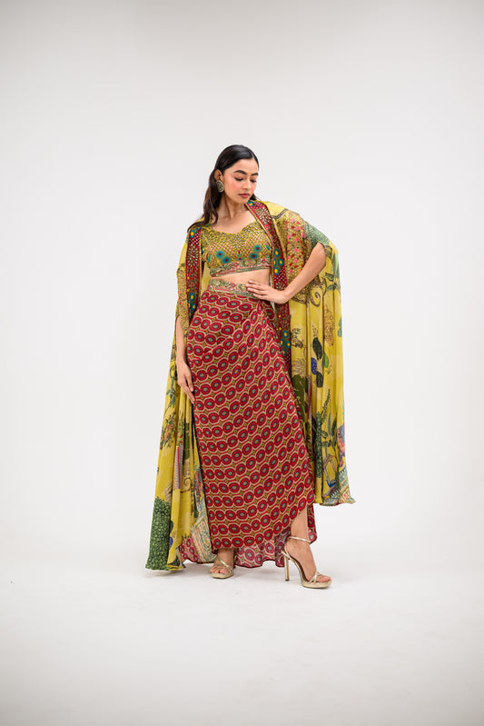 Yellow Mughal Cape Set Embroidered Bralette And Skirt Set