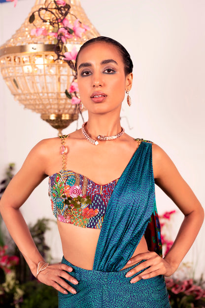 Our Sea Saree Paired with Embellished Strap Corset