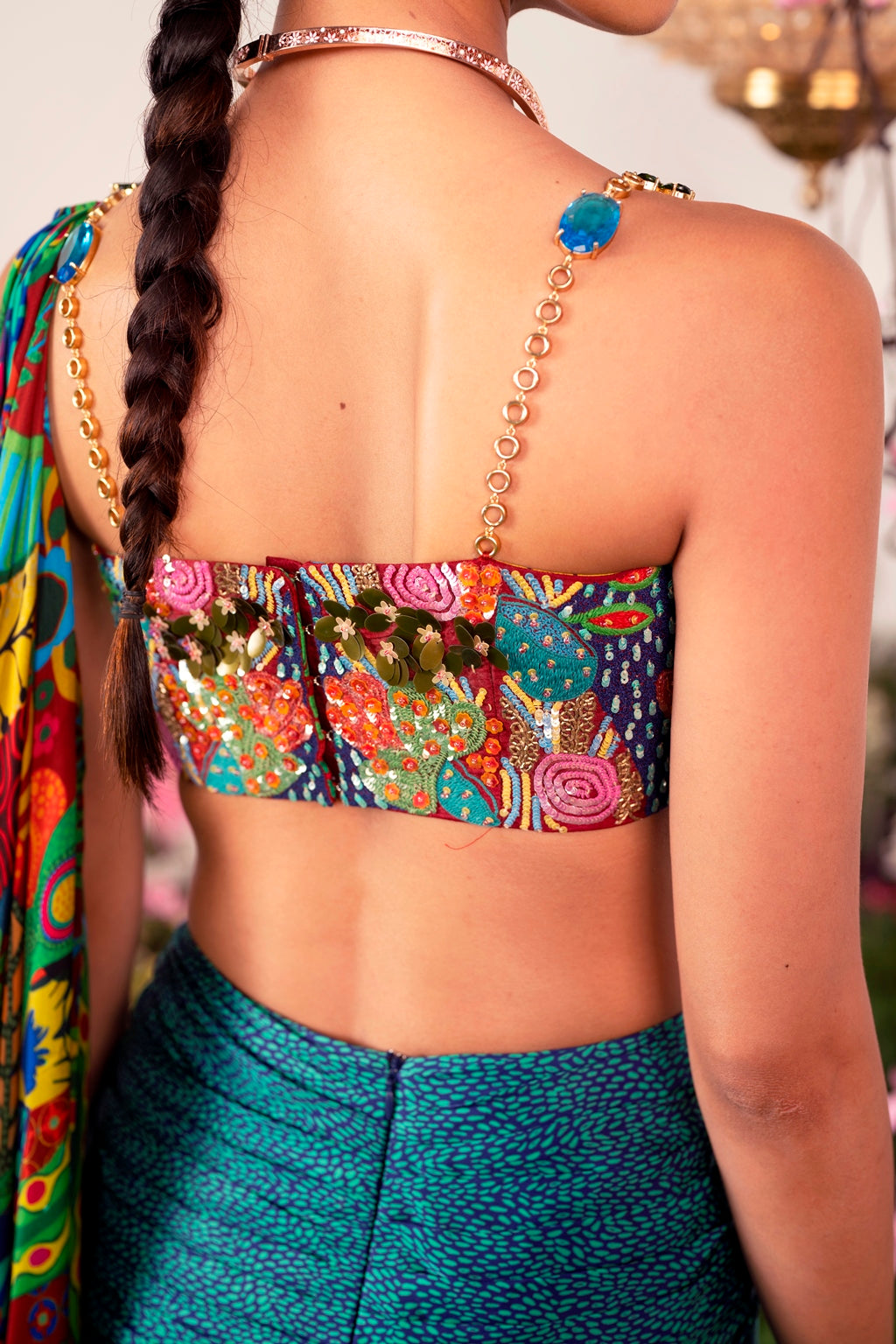 Our Sea Saree Paired with Embellished Strap Corset