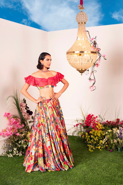 Our Frenzy Lehenga Paired with Ruffle Coral Blouse