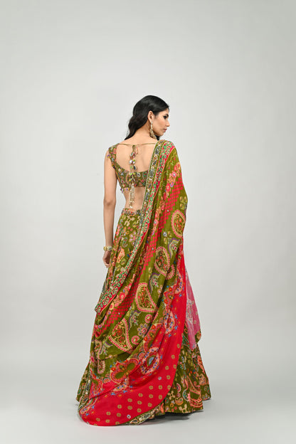 OLIVE HIGHLIGHTED LEHENGA PAIRED WITH BADLA EMBROIDERED OLIVE BLOUSE AND DUAL PRINT HIGHLIGHTED DUPATTA