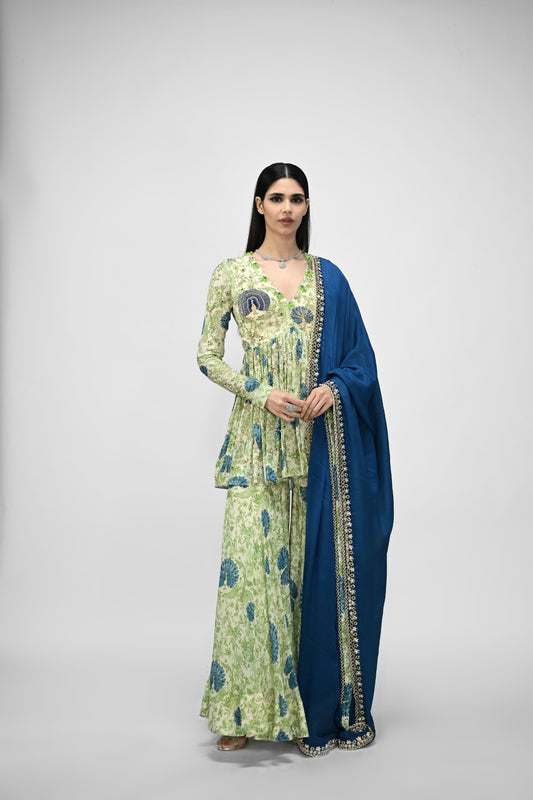 Peacock Highlited Peplum Kurta Paired With Peacock Sharara Pants With Embroidered Dupat