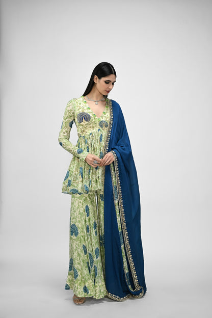 Peacock Highlited Peplum Kurta Paired With Peacock Sharara Pants With Embroidered Dupat
