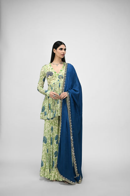 Peacock Highlited Peplum Kurta Paired With Peacock Sharara Pants With Embroidered Dupat