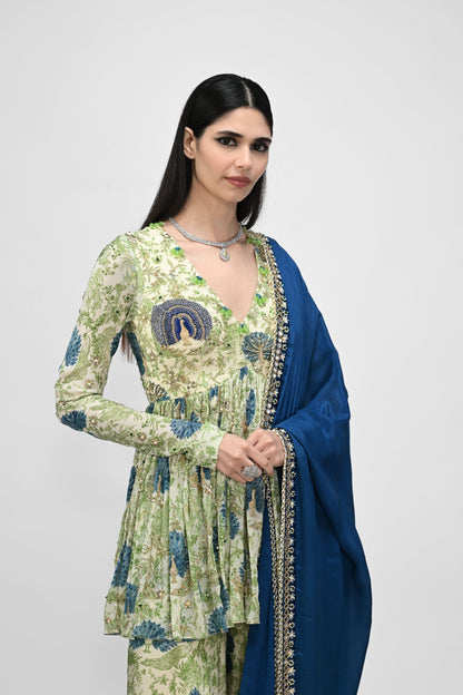 Peacock Highlited Peplum Kurta Paired With Peacock Sharara Pants With Embroidered Dupat