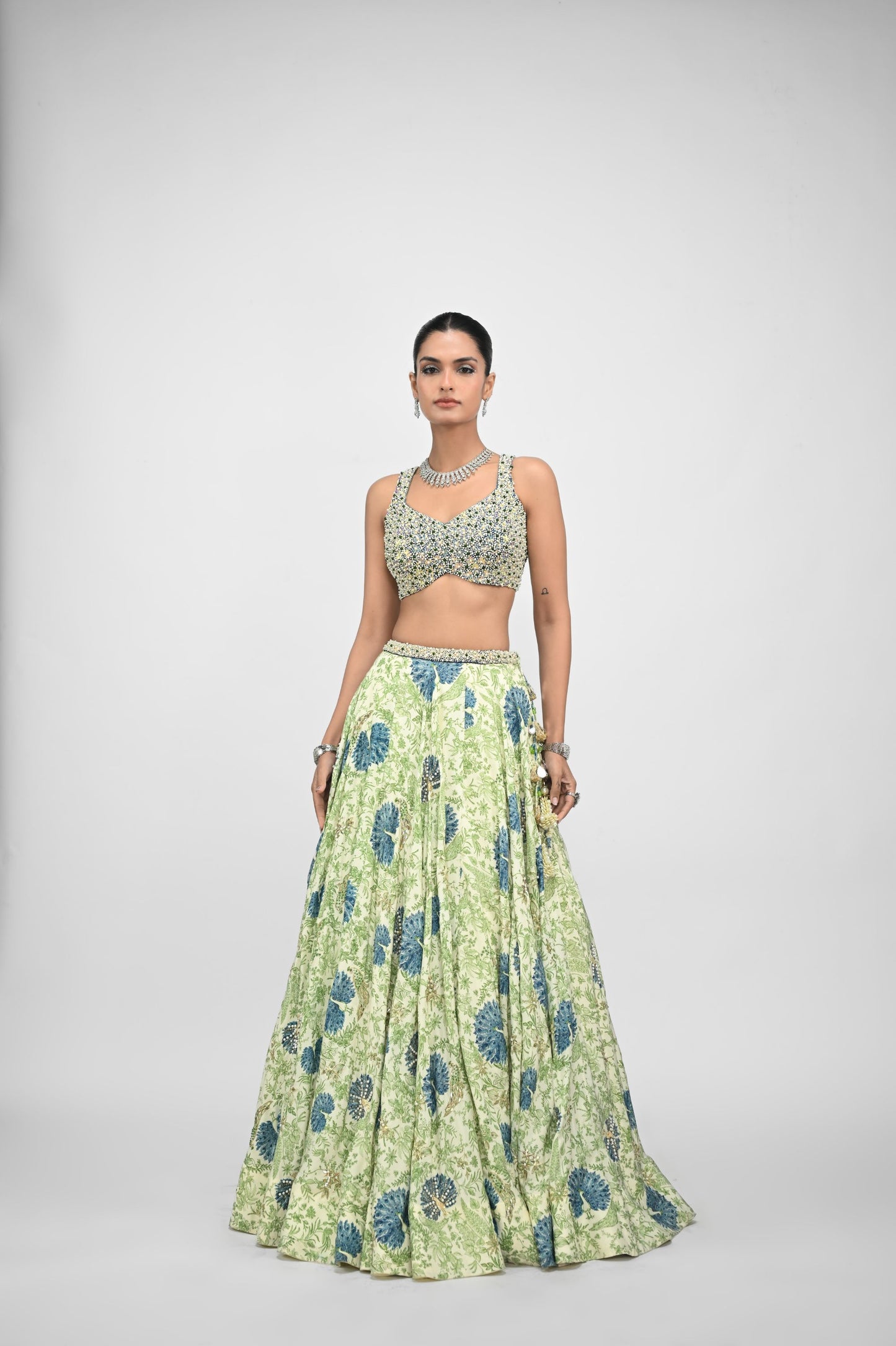 Peacock Highlighted Lehenga Paired With Pearl Blouse And Embroidered Dupatta