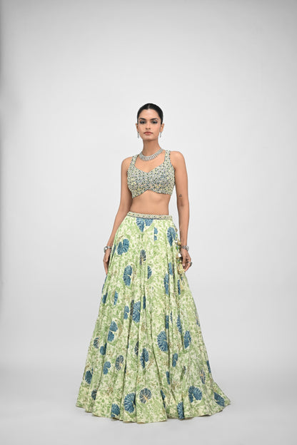 Peacock Highlighted Lehenga Paired With Pearl Blouse And Embroidered Dupatta