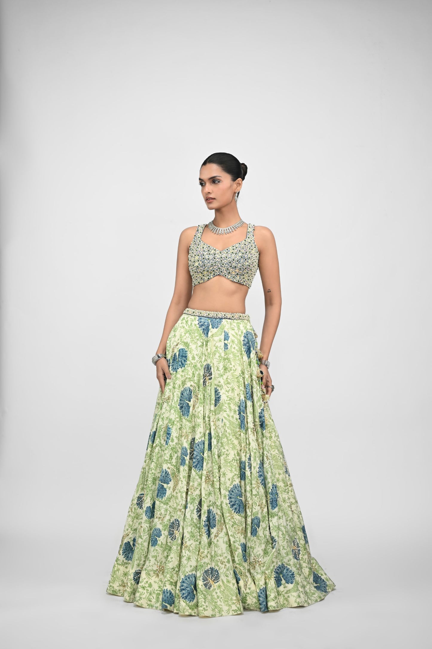 Peacock Highlighted Lehenga Paired With Pearl Blouse And Embroidered Dupatta