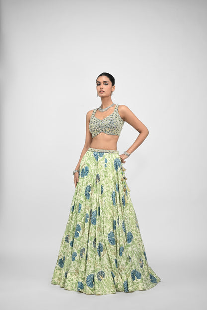 Peacock Highlighted Lehenga Paired With Pearl Blouse And Embroidered Dupatta