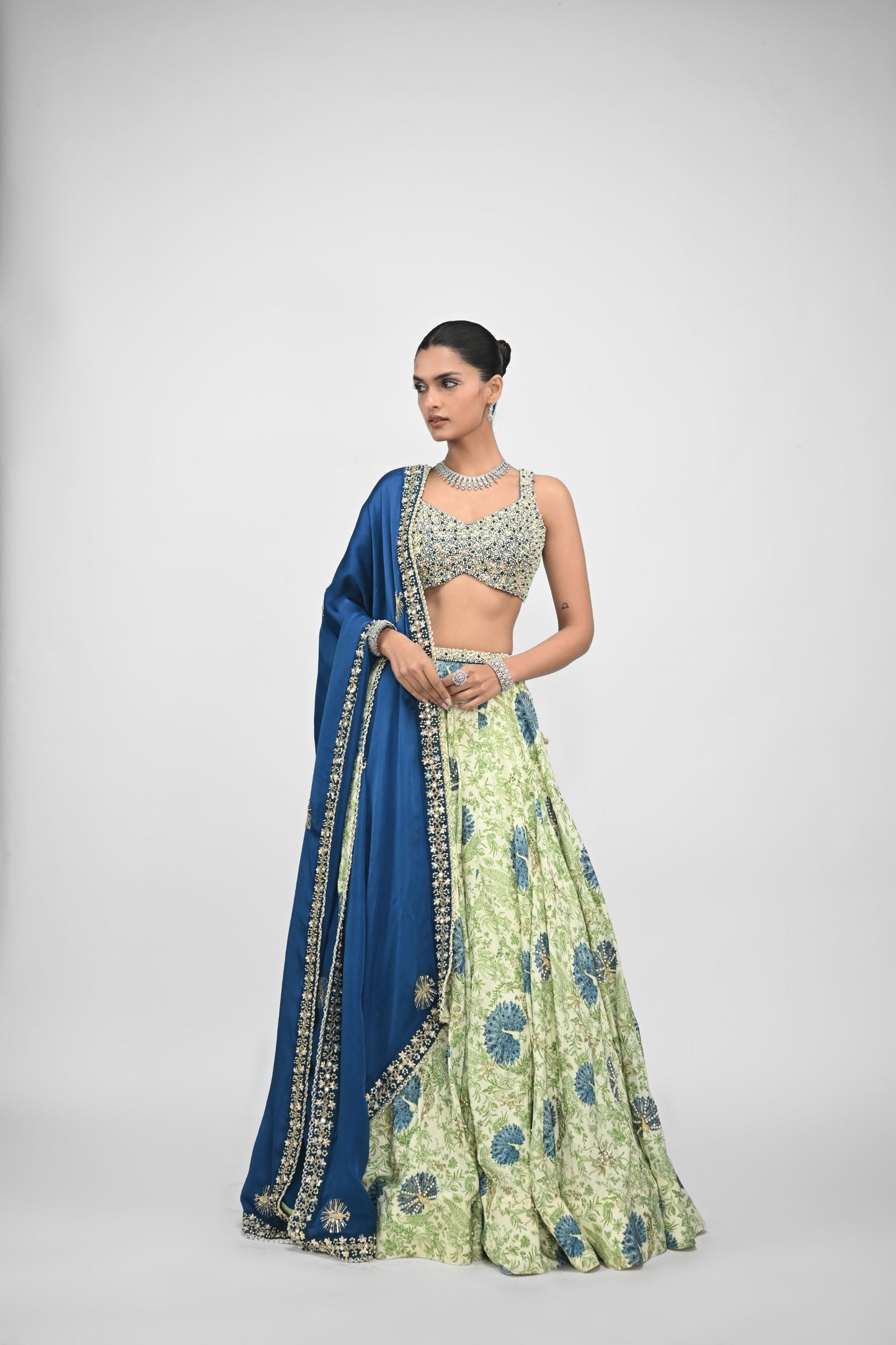 Peacock Highlighted Lehenga Paired With Pearl Blouse And Embroidered Dupatta