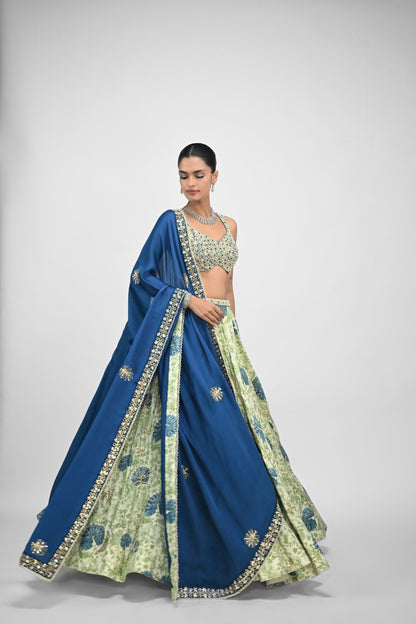 Peacock Highlighted Lehenga Paired With Pearl Blouse And Embroidered Dupatta