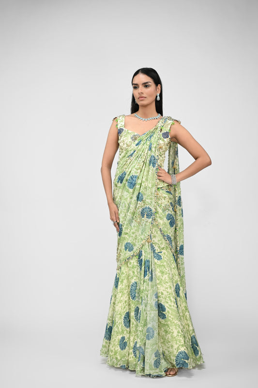 Peacock Highlighted Pre Stitched Saree Paired With Highlighted Corset Blouse