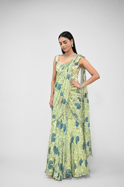 Peacock Highlighted Pre Stitched Saree Paired With Highlighted Corset Blouse