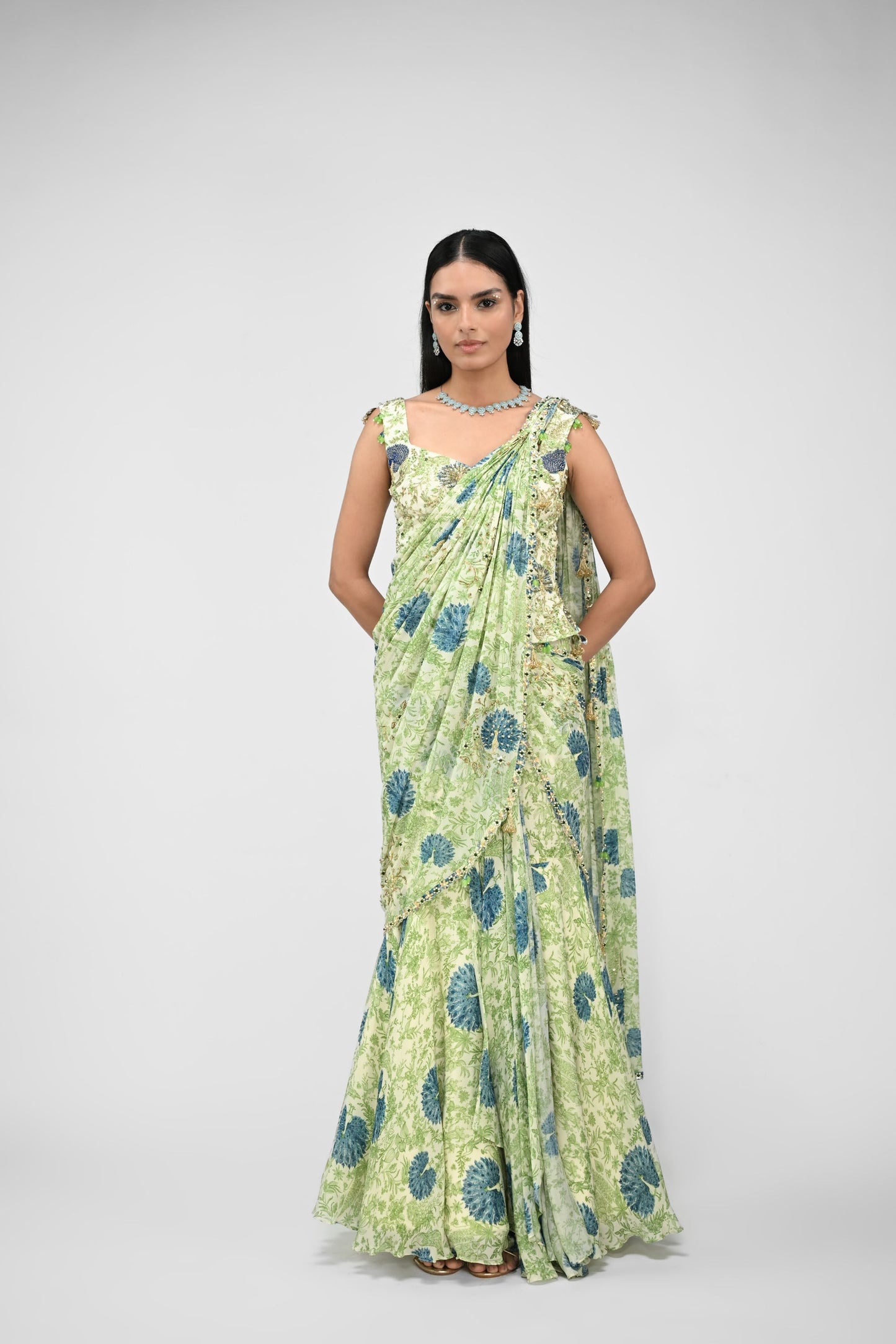 Peacock Highlighted Pre Stitched Saree Paired With Highlighted Corset Blouse