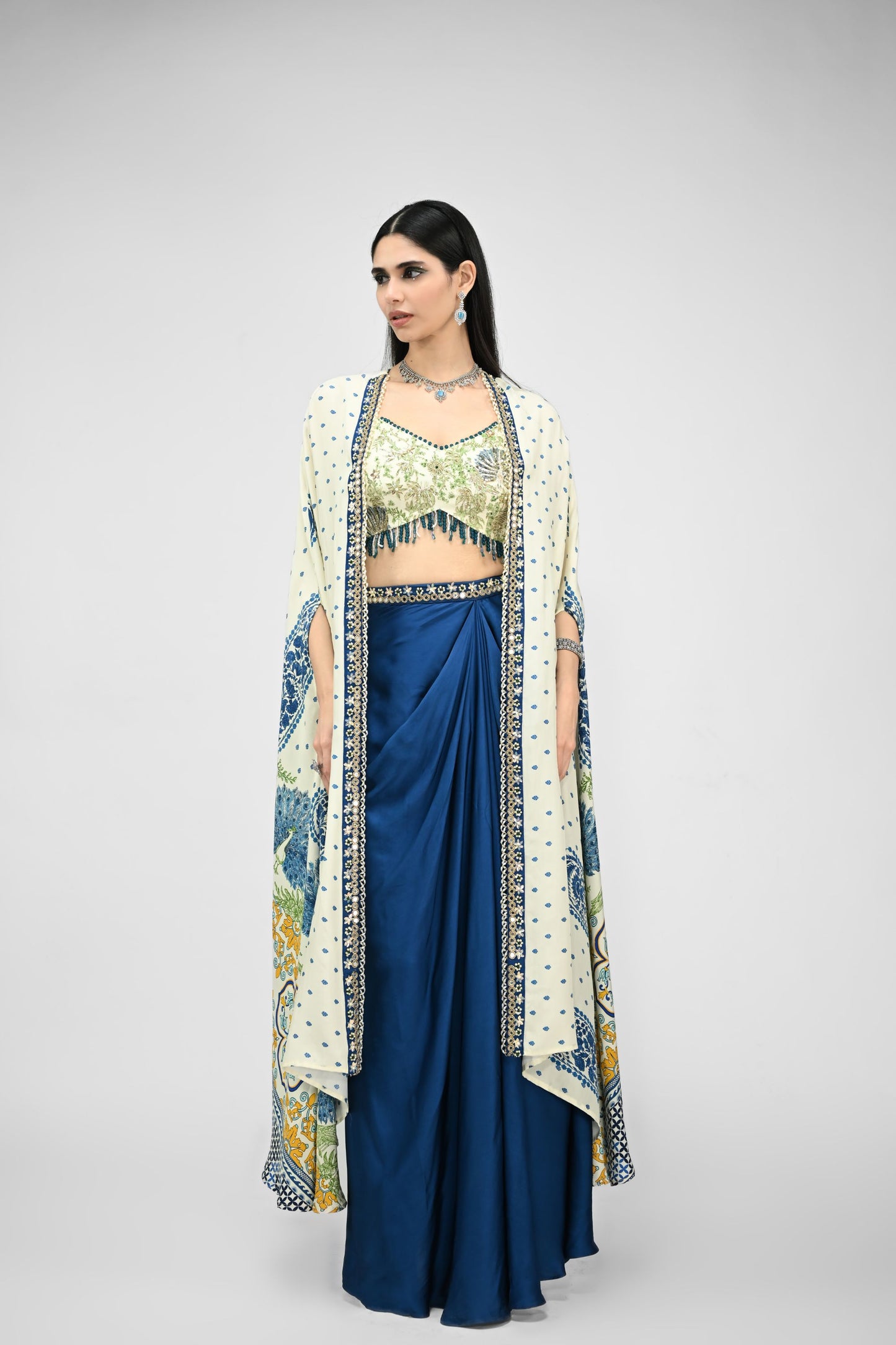 Peacock Printed Highlight Bralette Paired With Dhoti Set And Printed Cape