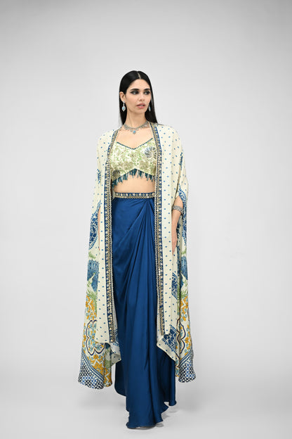 Peacock Printed Highlight Bralette Paired With Dhoti Set And Printed Cape