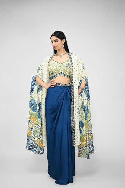 Peacock Printed Highlight Bralette Paired With Dhoti Set And Printed Cape